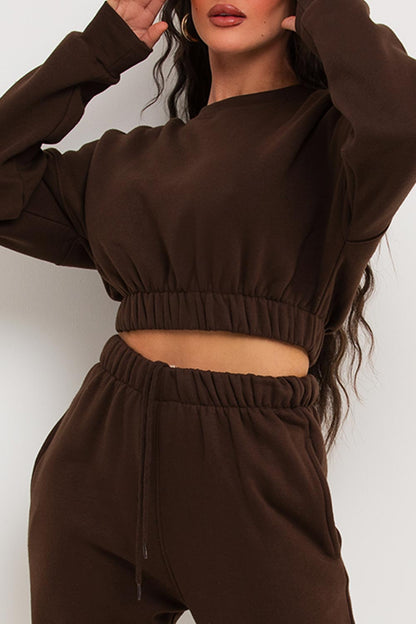 Crop Sweatshirt And Joggers Tracksuit Brown