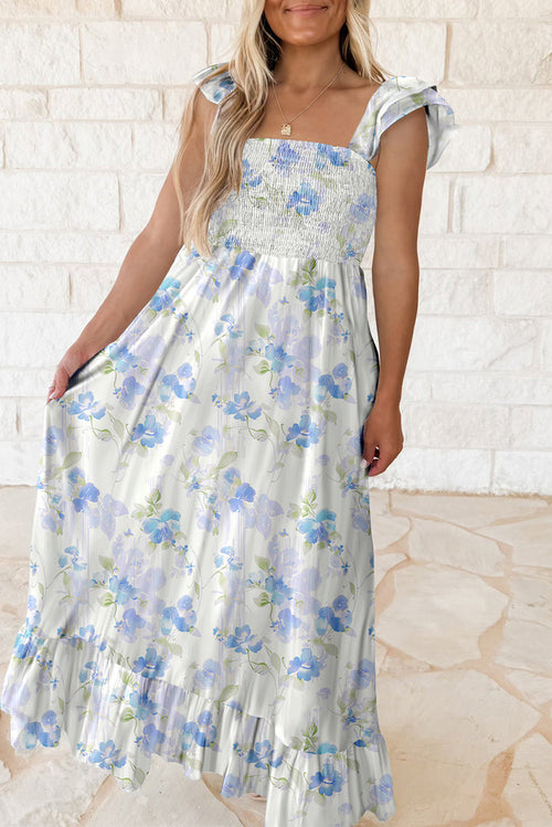 Sky Blue Floral Smocked High Waist Double Ruffle Sleeveless Long Dress