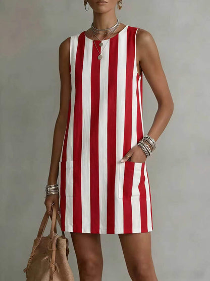 Women's Striped Color-Block Sleeveless Mini Dress – Loose Fit