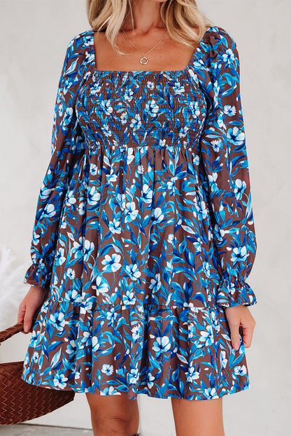 Blue Smocked Bodice High Waist Ruffled Sleeve Floral Dress