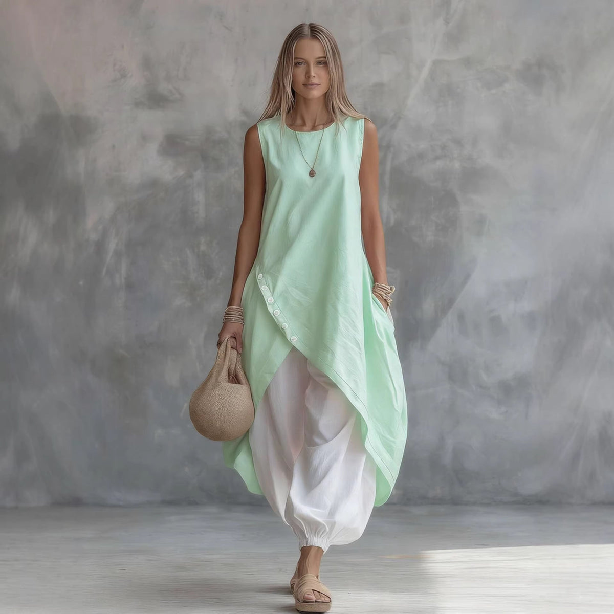 Solid-Color Sleeveless Loose-Fit Dress With Patch Pockets