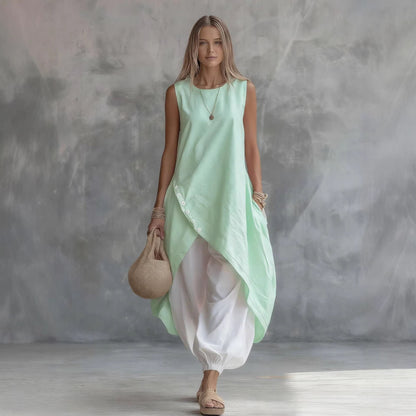 Solid-Color Sleeveless Loose-Fit Dress With Patch Pockets