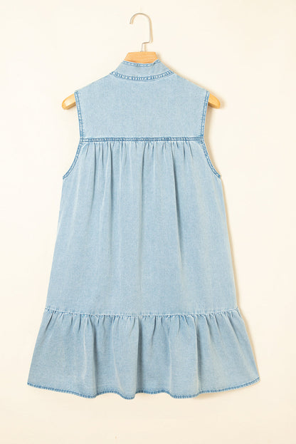 Real Teal Bowknot Neck Ruffled Sleeveless Chambray Dress