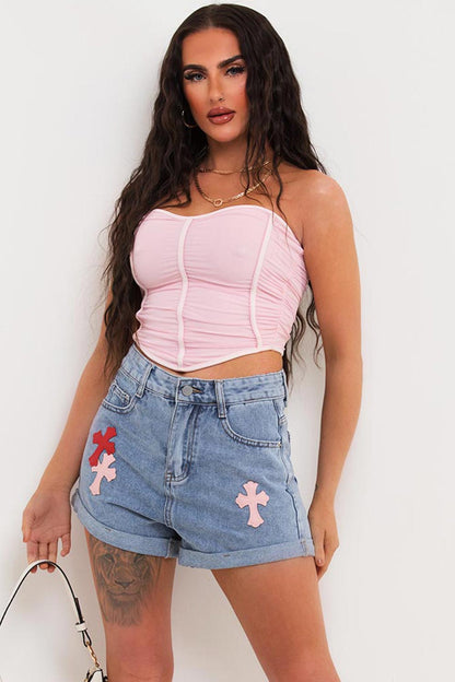 Denim Shorts With Cross Detail