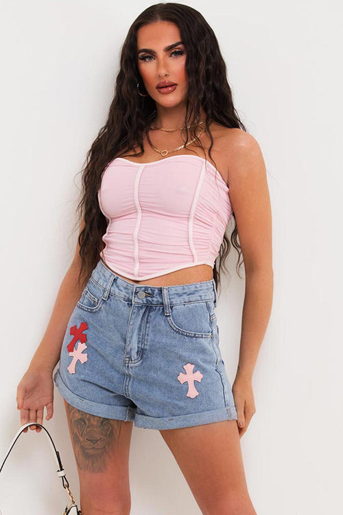 Denim Shorts With Cross Detail