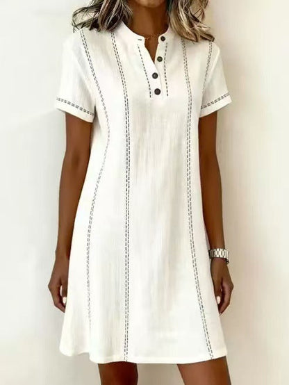 Women's Printed Button-Up Stand Collar Midi Dress – 3/4 Sleeve Loose Fit