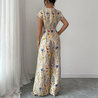 Autumn Short-sleeved Waist-cinching Wide-leg Pants