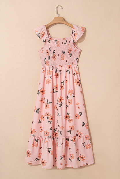 Pink Floral V Neck Smocked High Waist Ruffle Hem Long Dress