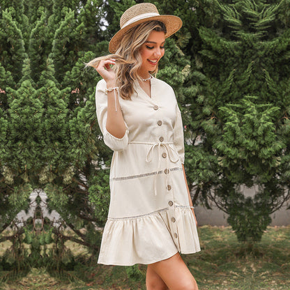 Women's V-Neck A-Line Dress – Three-Quarter Sleeve Button Contrast Panel