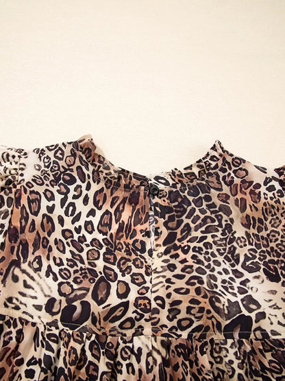 Leopard Ruffled Detail Long Sleeve Loose Mini Dress