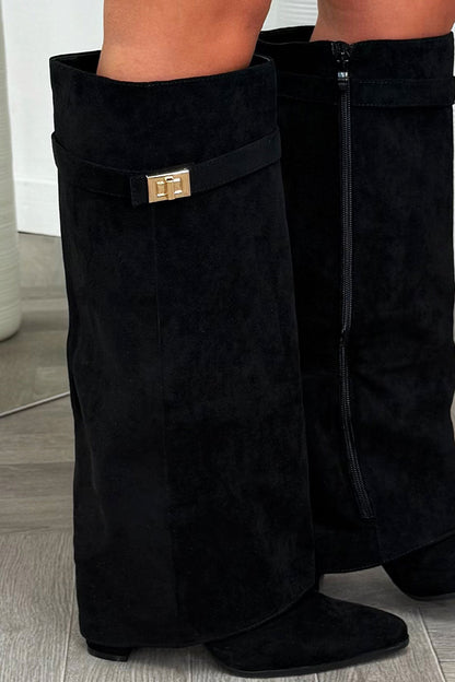 Black Knee High Fold Over Cowboy Boots Faux Suede