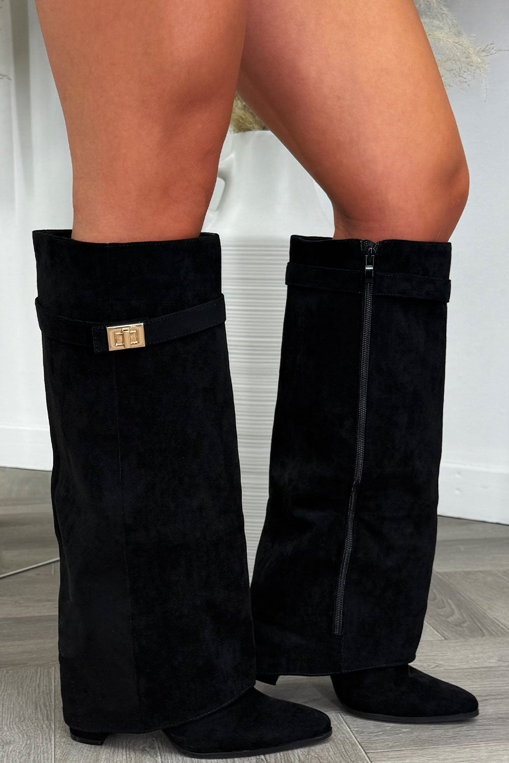 Black Knee High Fold Over Cowboy Boots Faux Suede