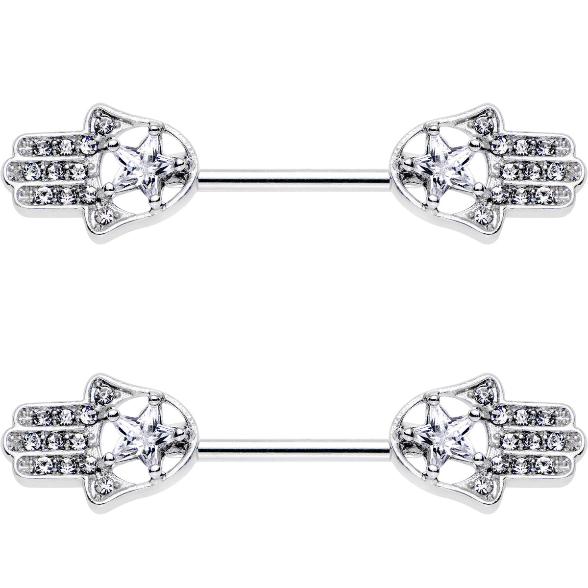 14G 9/16 Clear Gem Star Hamsa Hand Barbell Nipple Ring Set