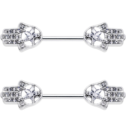 14G 9/16 Clear Gem Star Hamsa Hand Barbell Nipple Ring Set