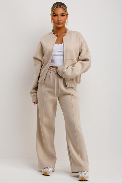 Bomber Sweatshirt With Zip And Joggers Loungewear Set Oatmeal