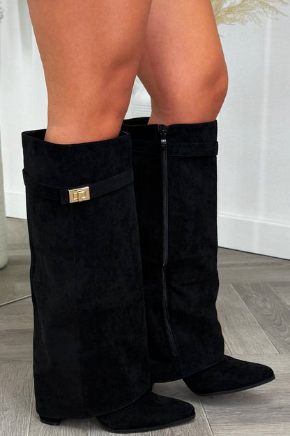 Black Knee High Fold Over Cowboy Boots Faux Suede