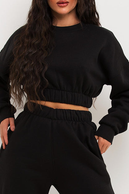 Crop Sweatshirt And Joggers Tracksuit Black