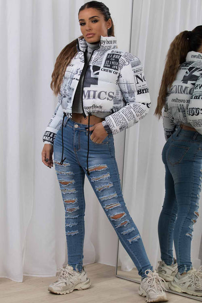 Cropped Puffer Jacket Newspaper Print