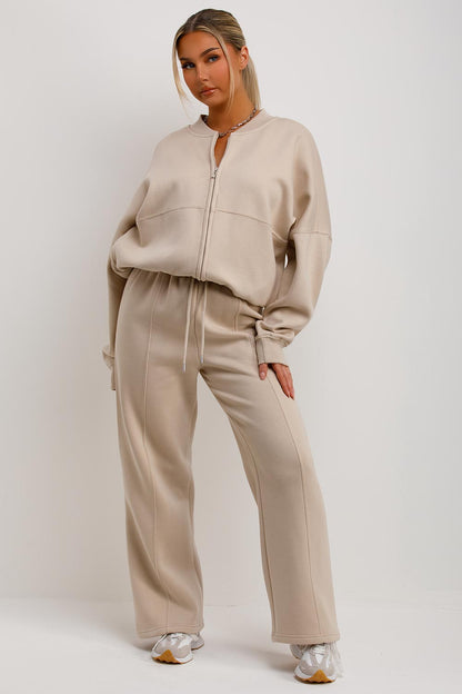 Bomber Sweatshirt With Zip And Joggers Loungewear Set Oatmeal