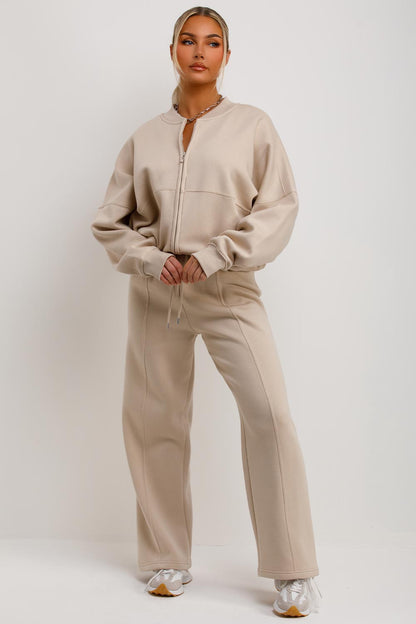 Bomber Sweatshirt With Zip And Joggers Loungewear Set Oatmeal