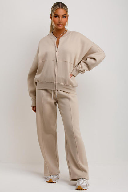Bomber Sweatshirt With Zip And Joggers Loungewear Set Oatmeal
