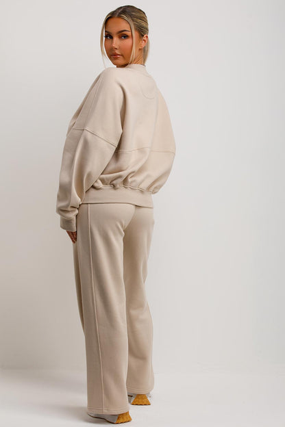 Bomber Sweatshirt With Zip And Joggers Loungewear Set Oatmeal