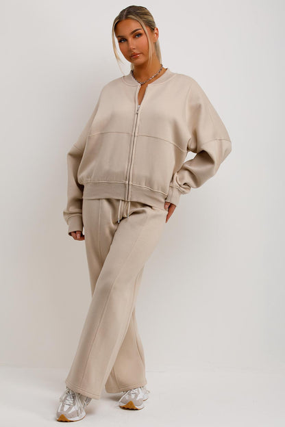 Bomber Sweatshirt With Zip And Joggers Loungewear Set Oatmeal