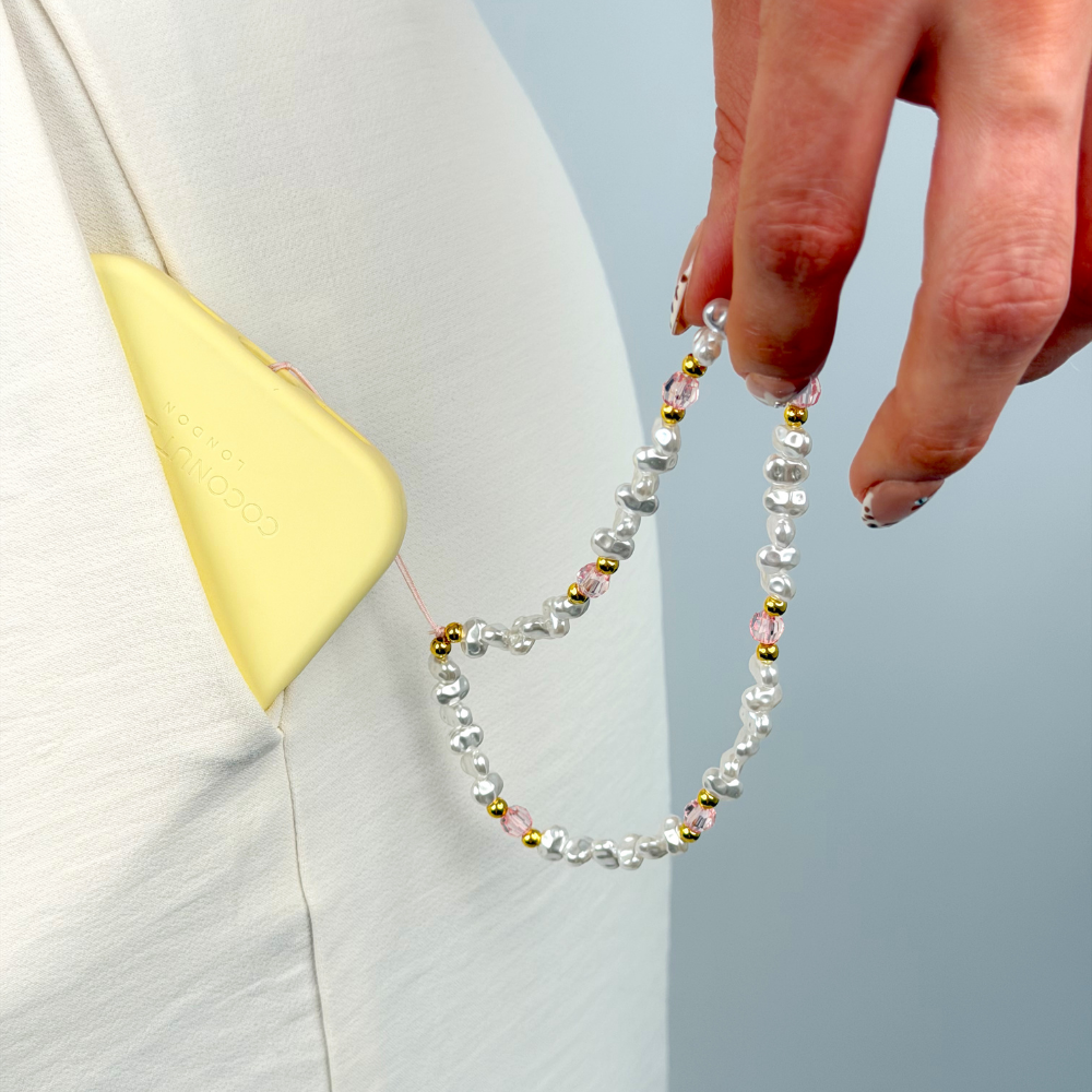 Beaded Phone Strap - Pearl, Gold & Pink