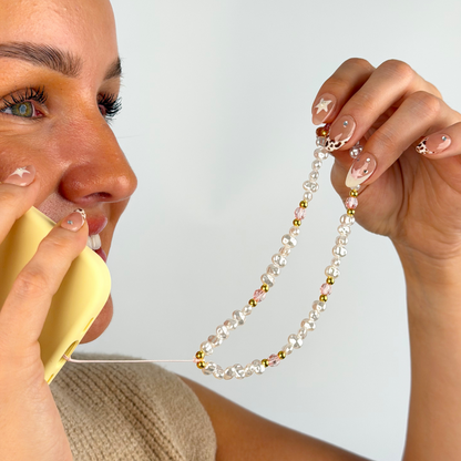 Beaded Phone Strap - Pearl, Gold & Pink