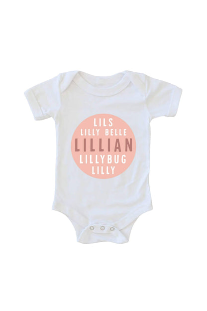 Personalized Pink Circle Name Graphic Bodysuit | White