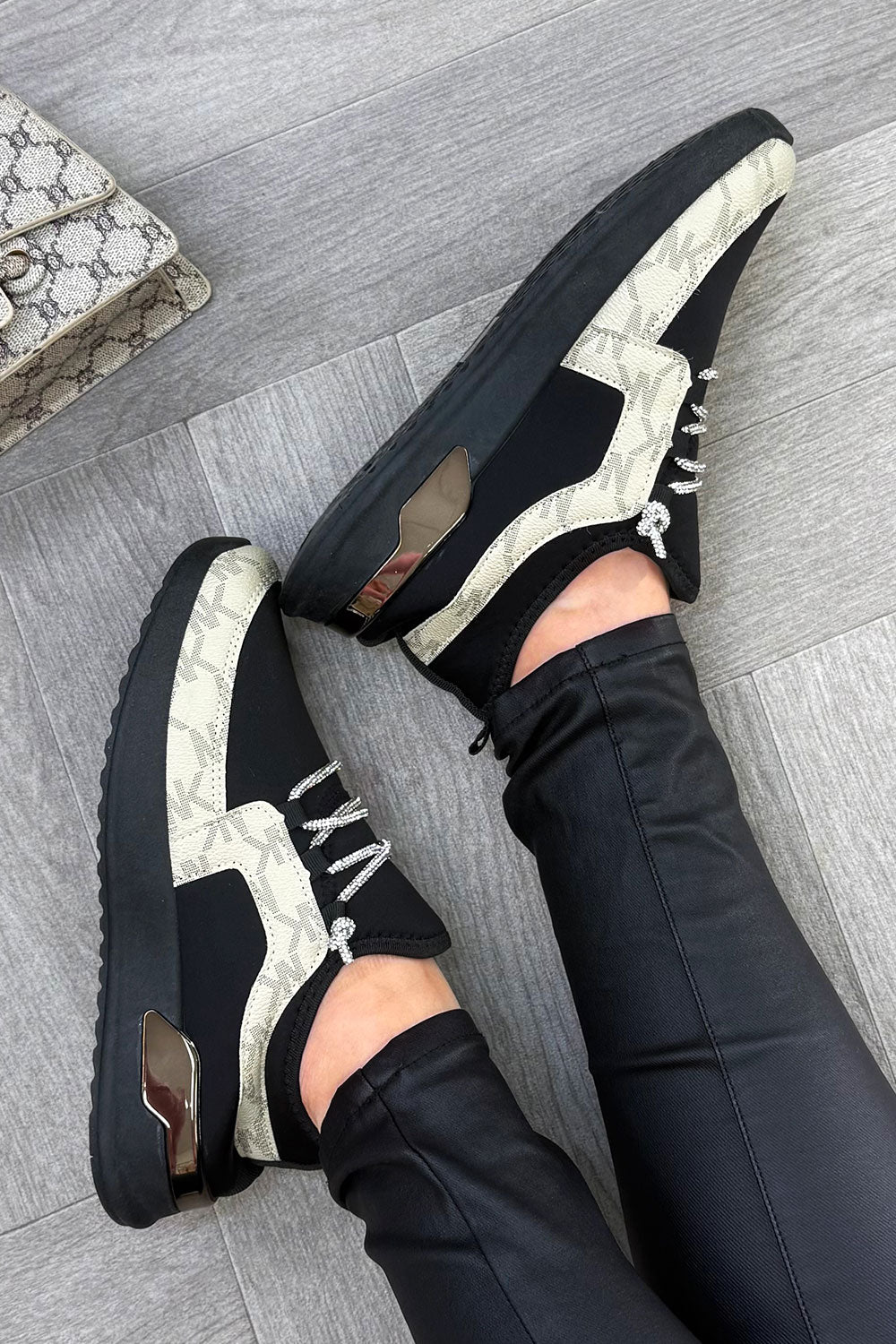 Black Lace Up Trainers With Diamante Detail