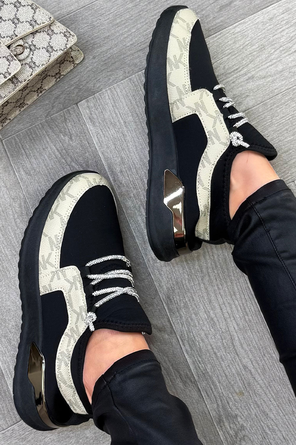 Black Lace Up Trainers With Diamante Detail