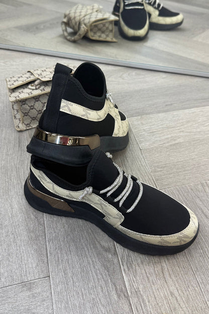 Black Lace Up Trainers With Diamante Detail