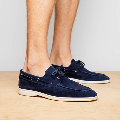 16-675-NVY VENICE Italian Sueded Goatskin Boat Shoes, Navy