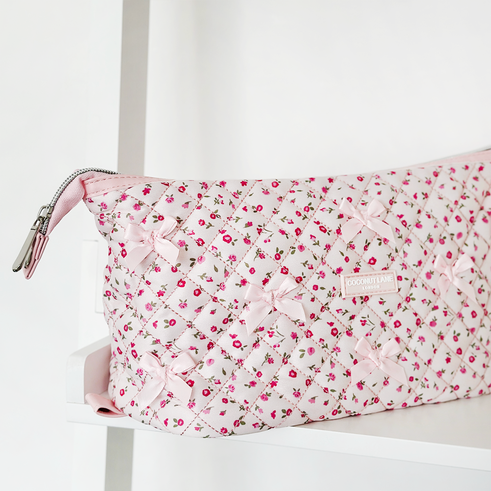 Expandable Makeup Bag - Quilted Pink Watercolour Flowers