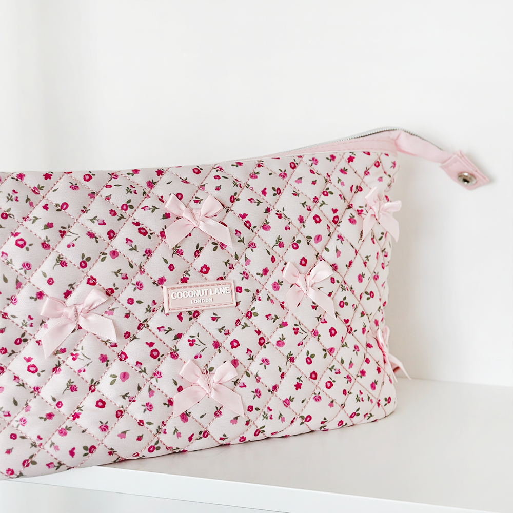 Expandable Makeup Bag - Quilted Pink Watercolour Flowers