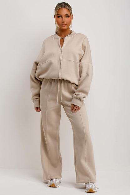 Bomber Sweatshirt With Zip And Joggers Loungewear Set Oatmeal